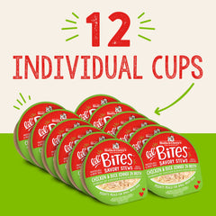 Lil’ Bites cup with shredded chicken and duck imagery, served in tasty broth.