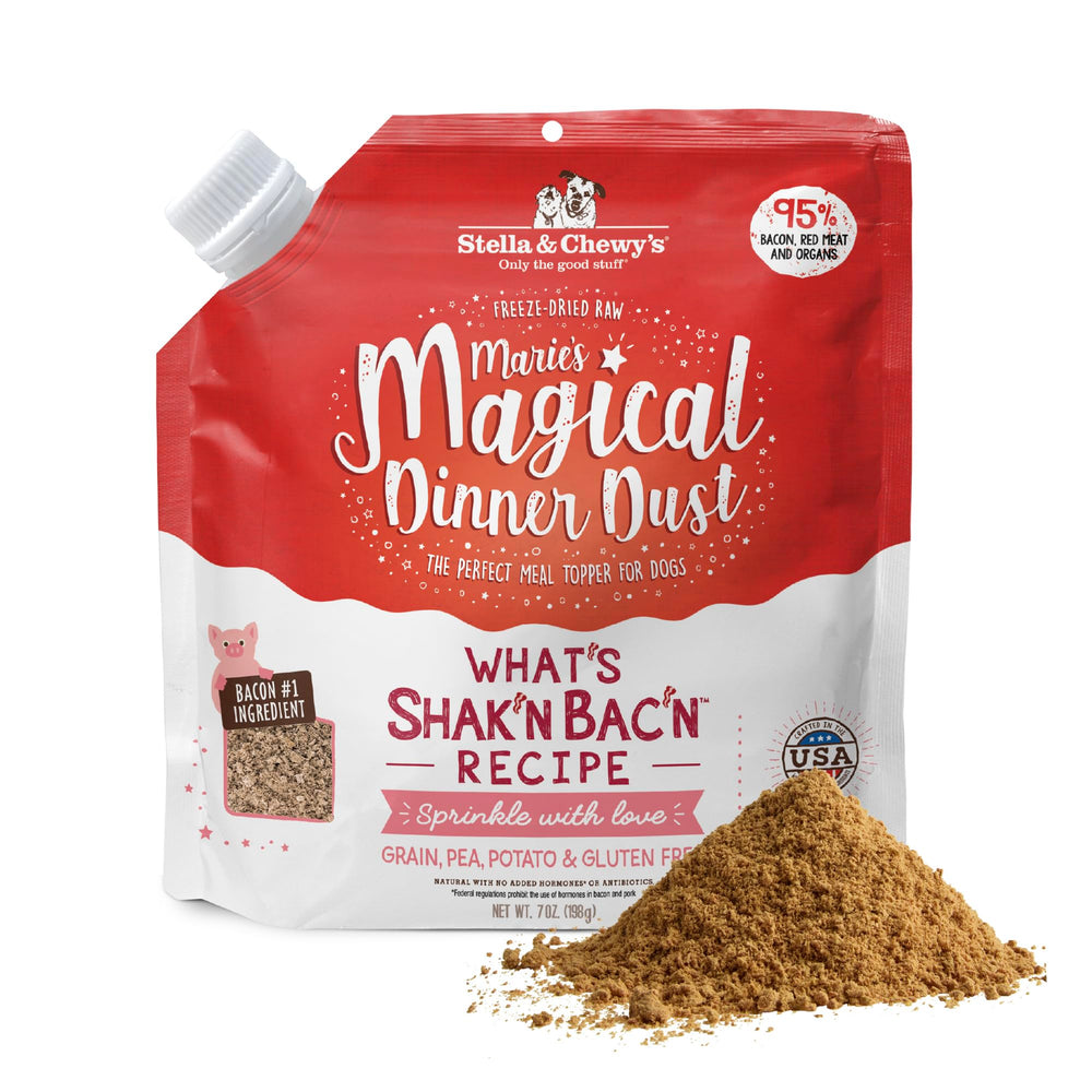 Stella & Chewy's Marie's Dinner Dust powder coats kibble for irresistible flavor.