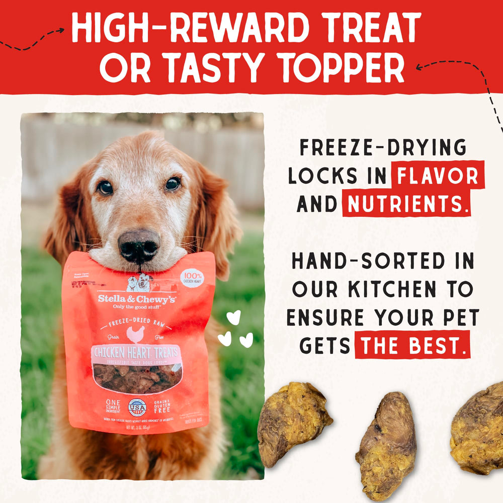Stella & Chewy's picky eaters approved chicken heart treats displayed.