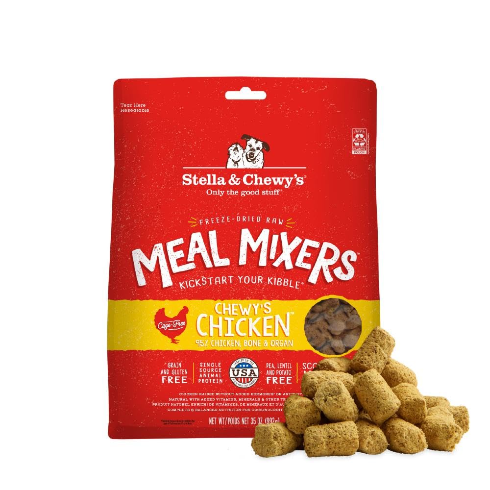 Stella & Chewy's packaging highlights 95% cage-free chicken in meal mixers.