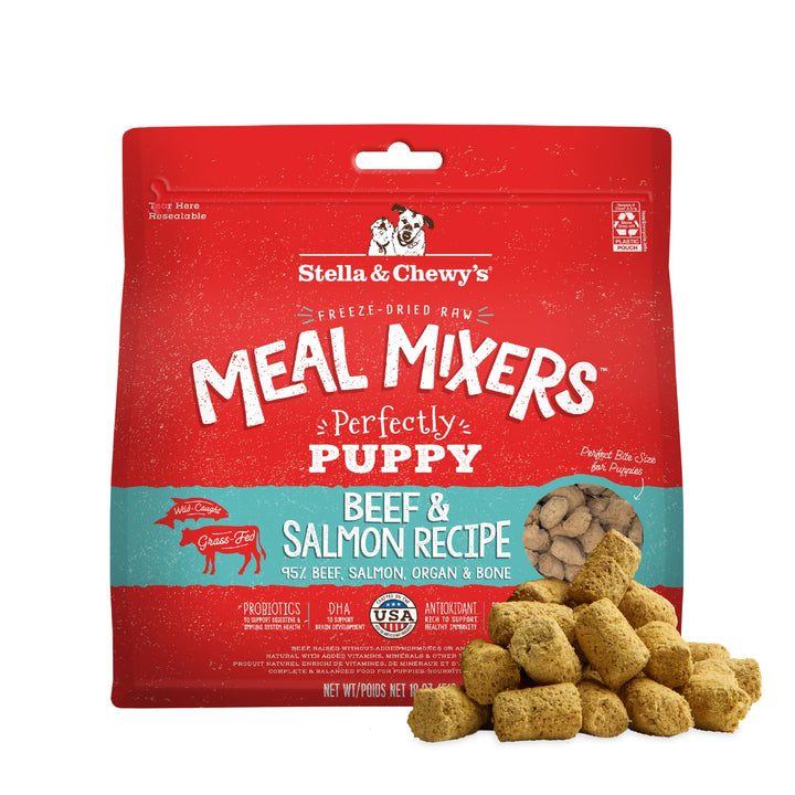 Stella & Chewy's puppy freeze-dried meal mixers in bag for convenient feeding.