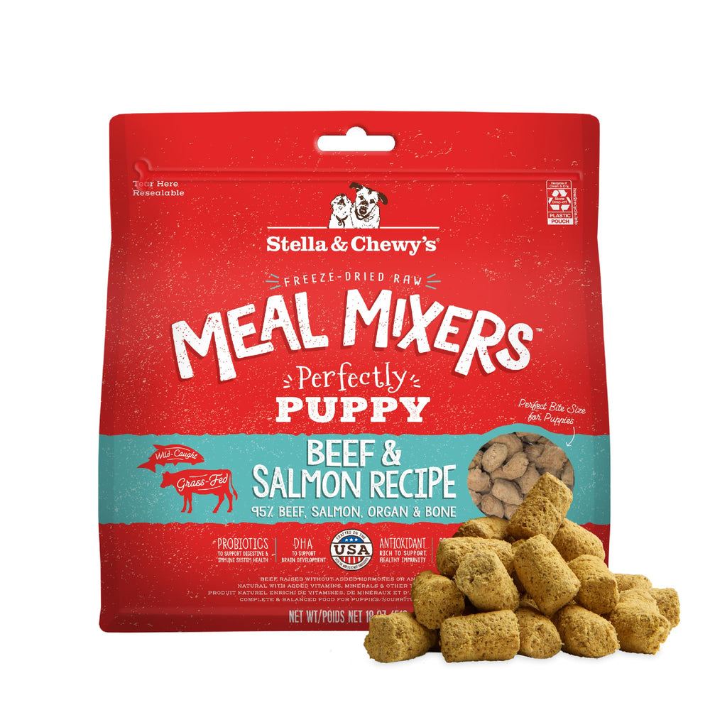 Stella & Chewy's puppy freeze-dried meal mixers in bag for convenient feeding.
