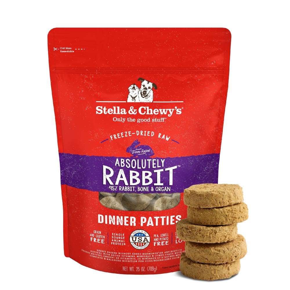 Stella and Chewys rabbit patties packshot shows grain-free high-protein nutrition.