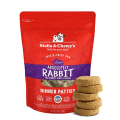 Stella and Chewys rabbit patties packshot shows grain-free high-protein nutrition.