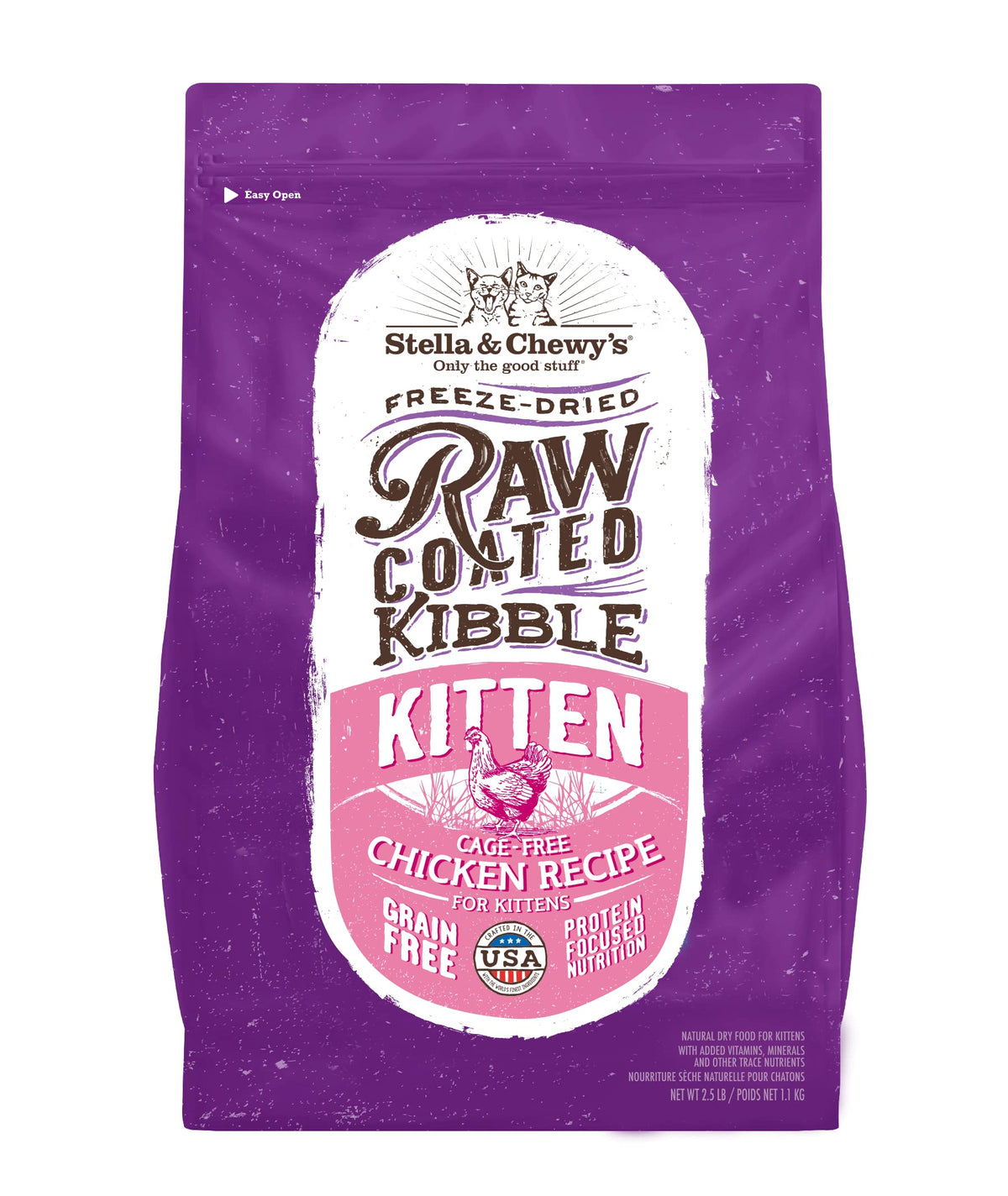 Stella & Chewy's raw coated kitten kibble bag front showing cage-free chicken emphasis