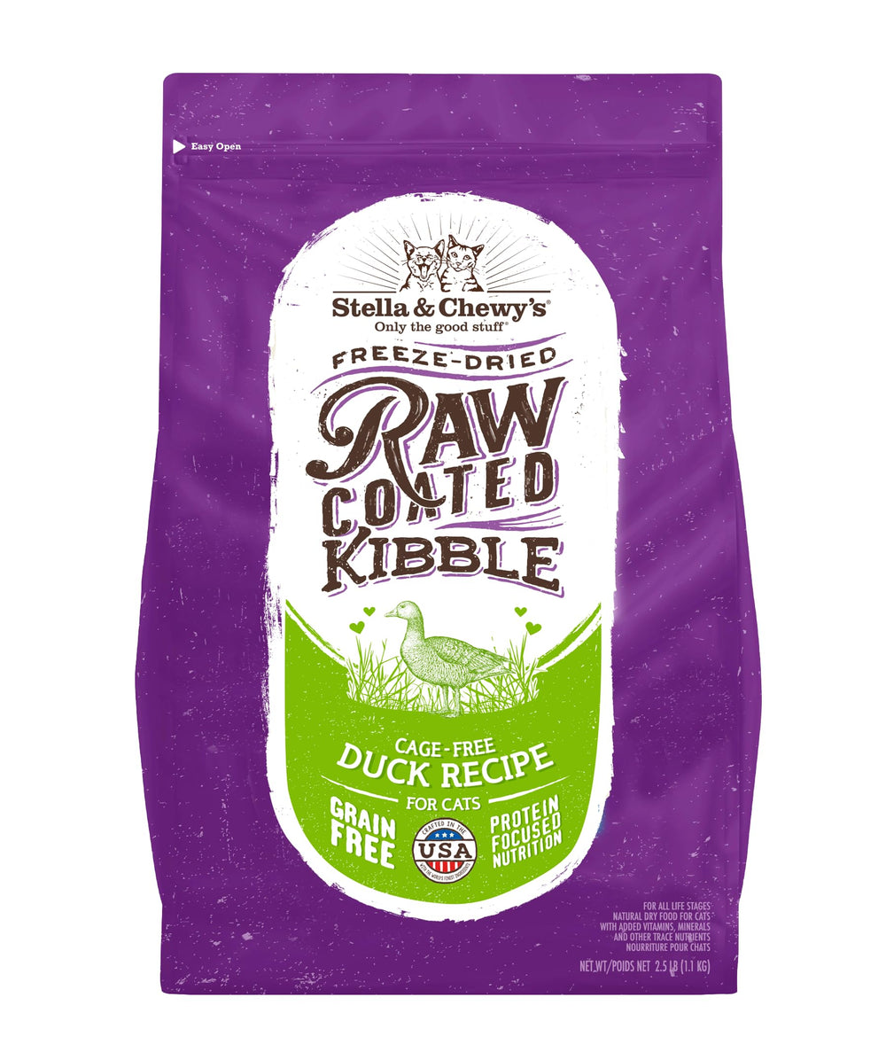 Stella & Chewy's raw-coated kibble in a cat bowl for picky eaters and protein.
