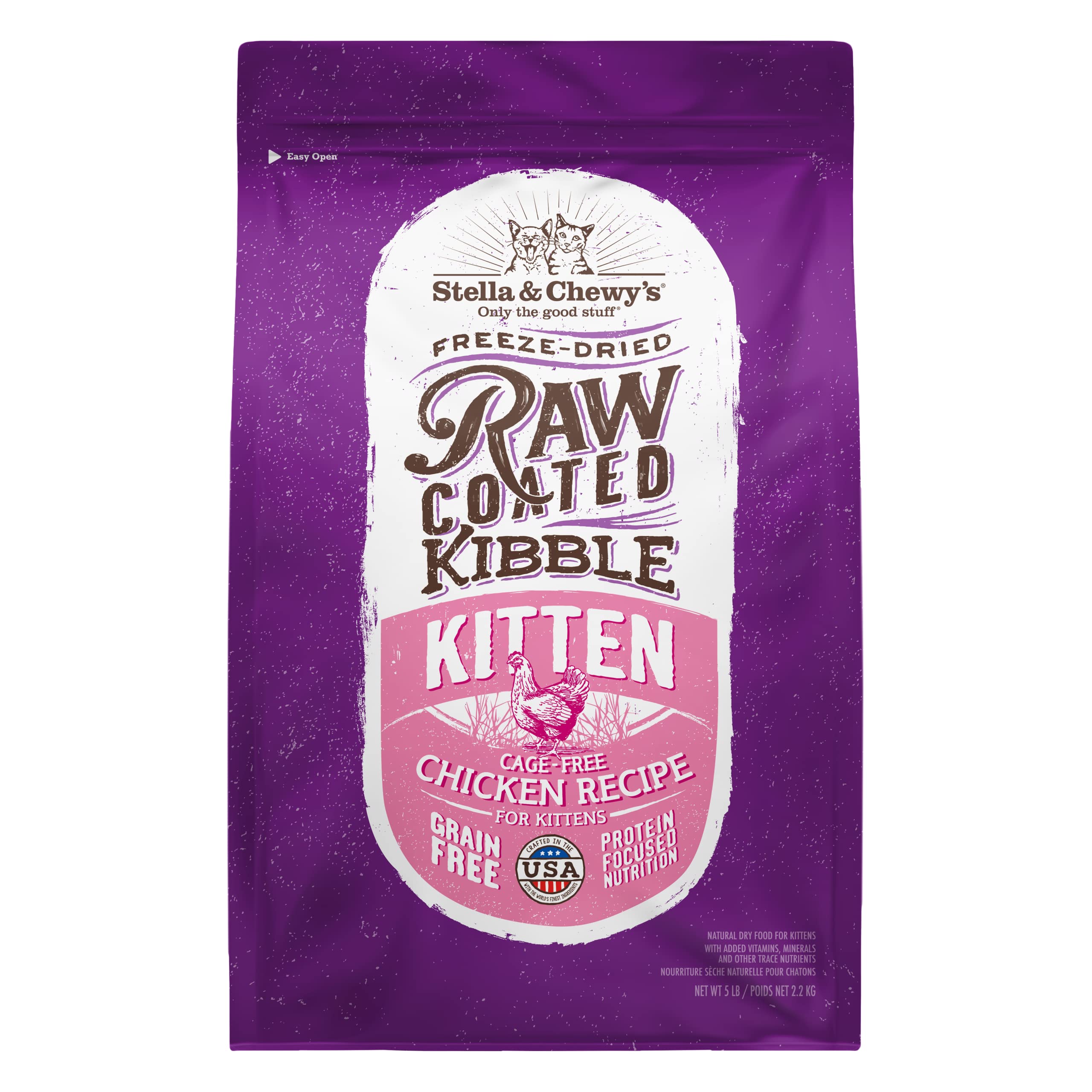 Stella & Chewy's Raw Coated Kibble for kittens bag close-up, grain-free nutrition.