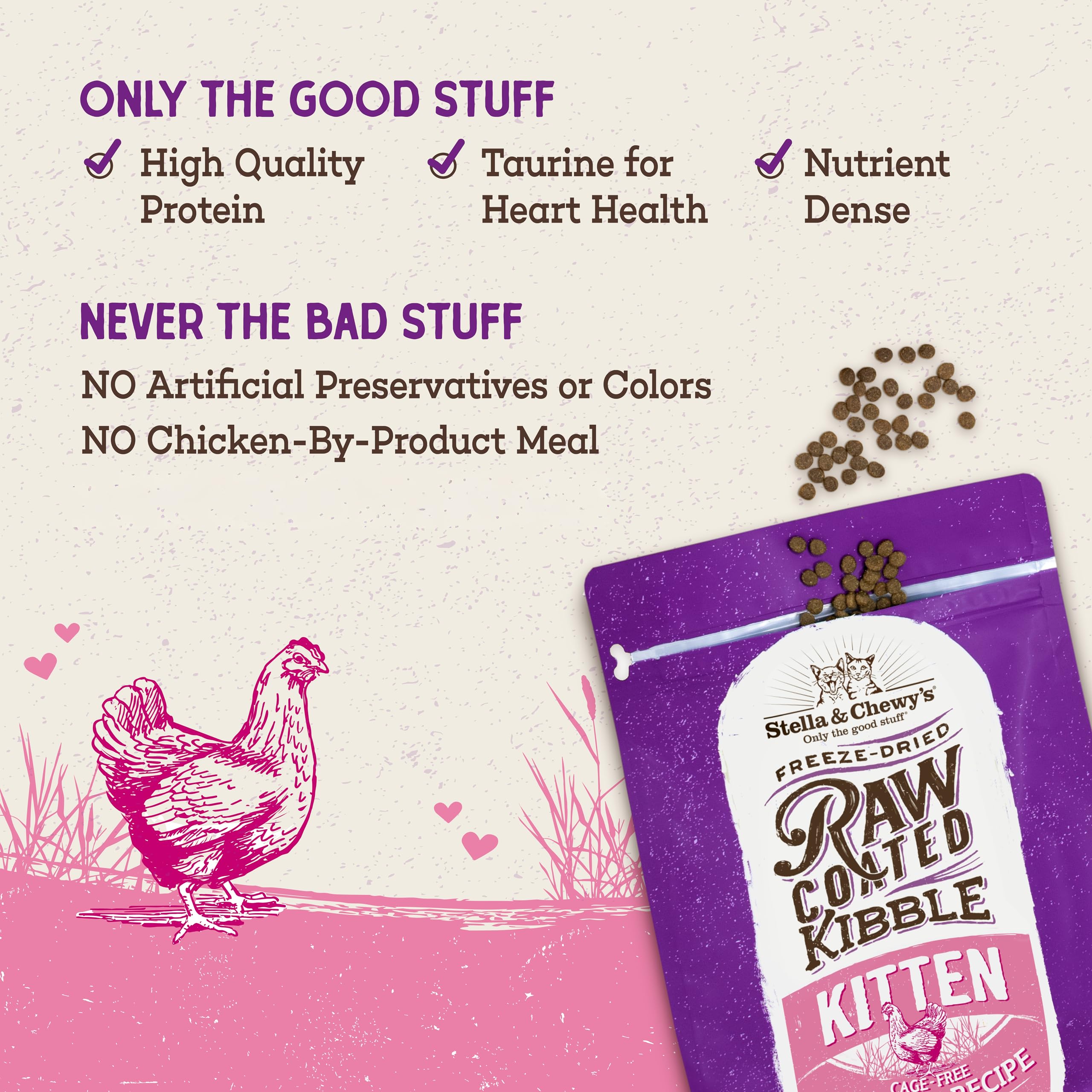 Stella & Chewy's kitten kibble scoop shows high animal protein.
