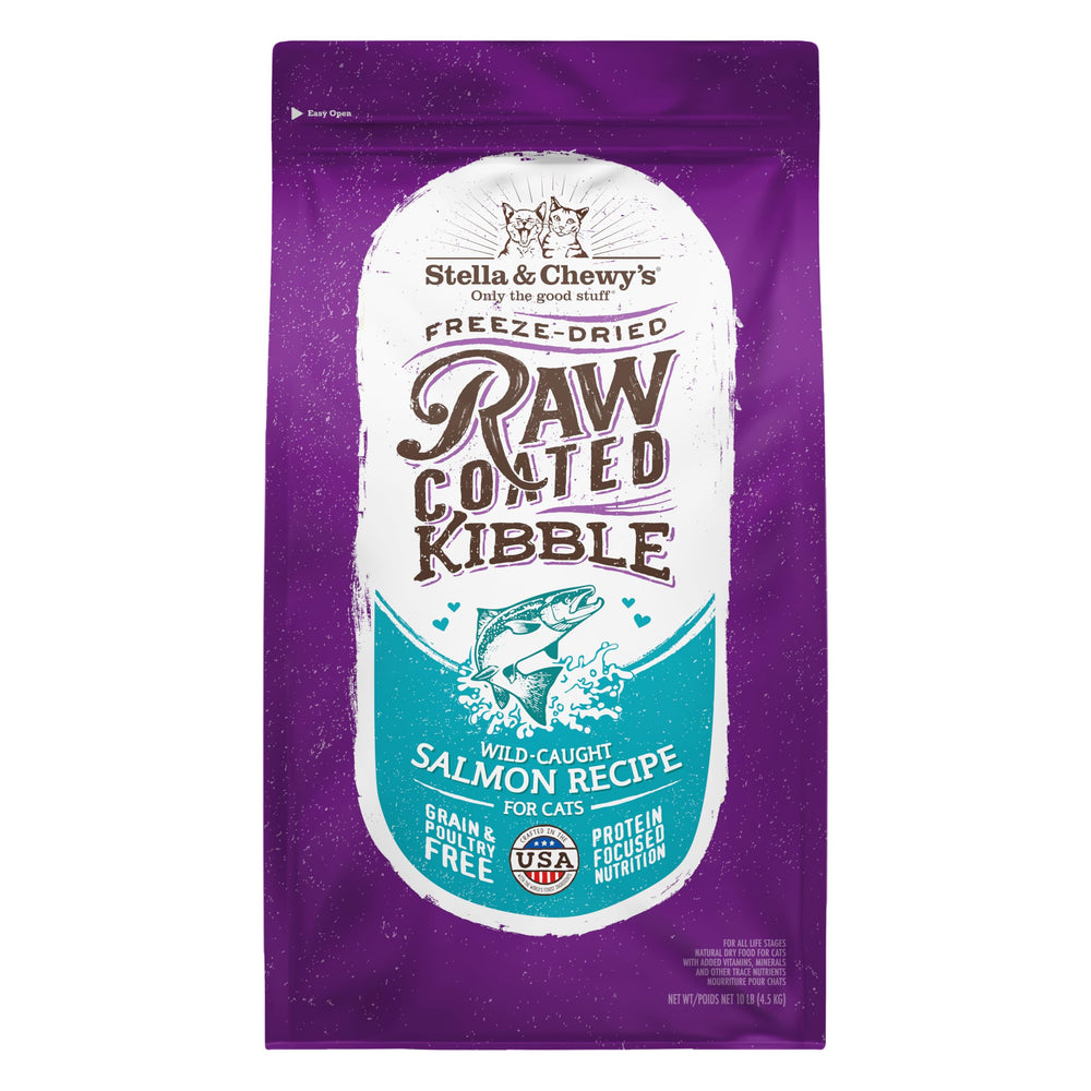 Stella & Chewy's raw-coated kibble packaging highlights premium ingredients for easy feeding.