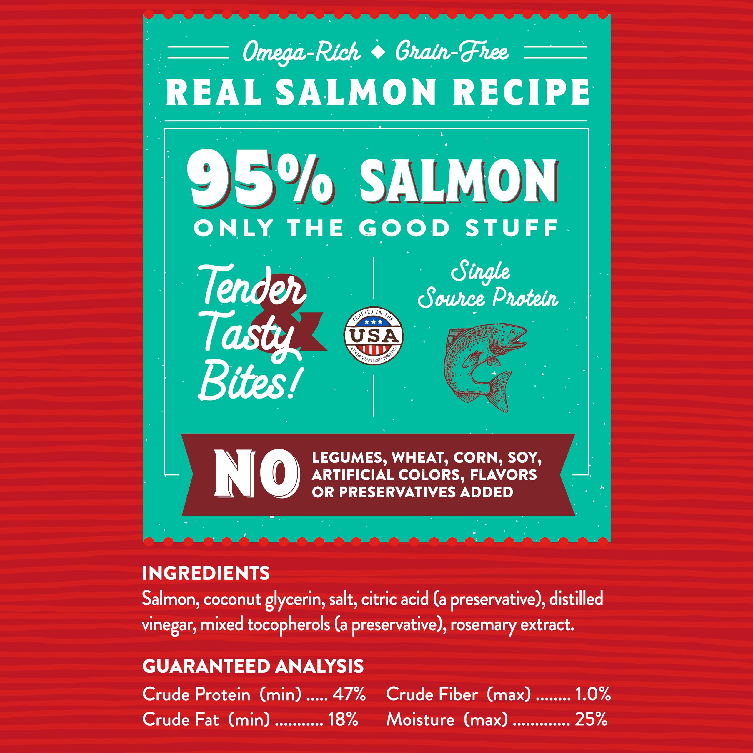Stella & Chewy's salmon jerky texture close-up emphasizes easy-to-chew bites.