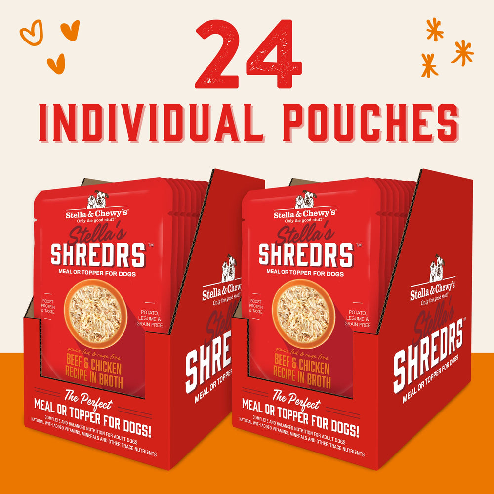 Stella & Chewy's Shredrs open pouch ready to pour with rich broth.