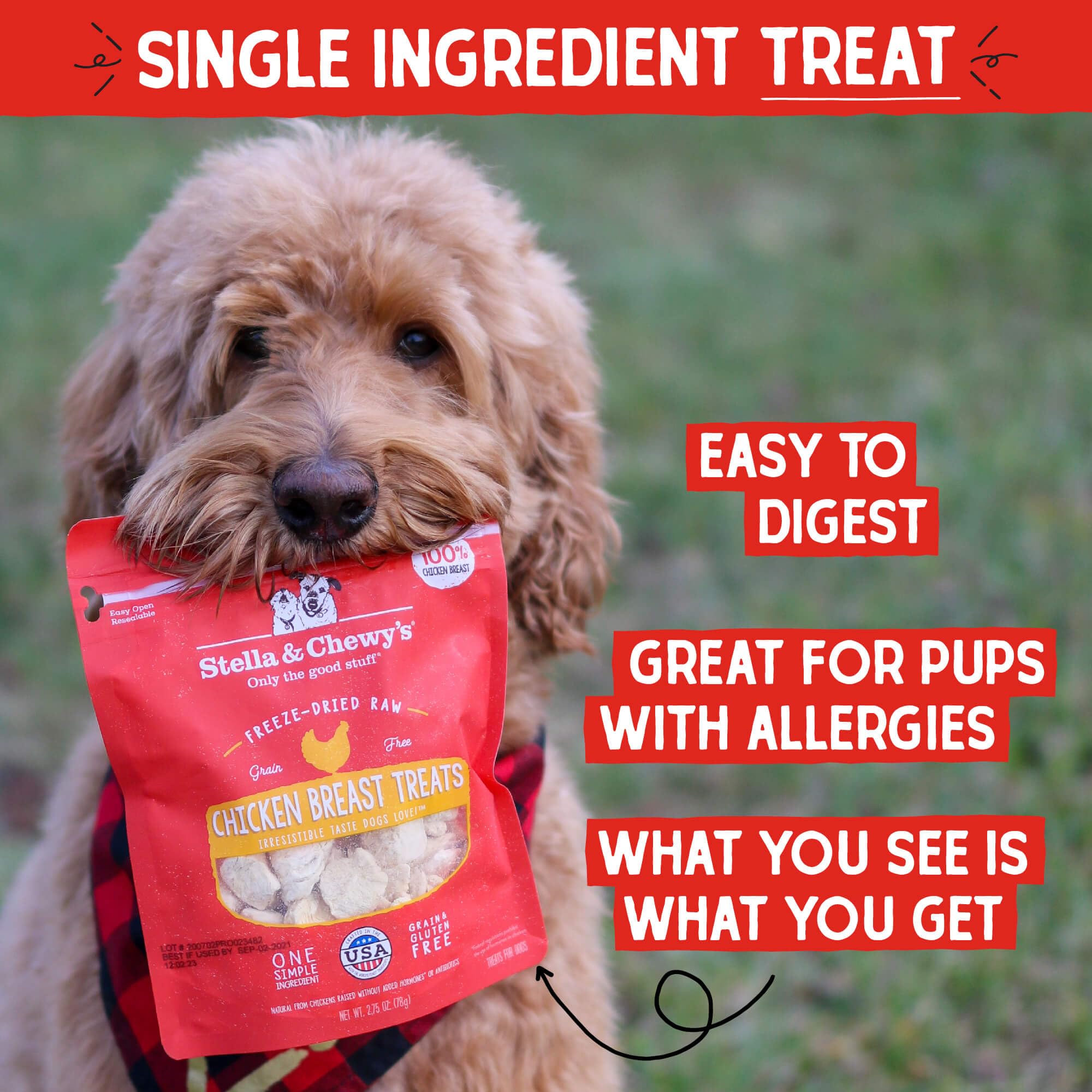 Stella & Chewy's single-ingredient label shows chicken breast and no fillers.