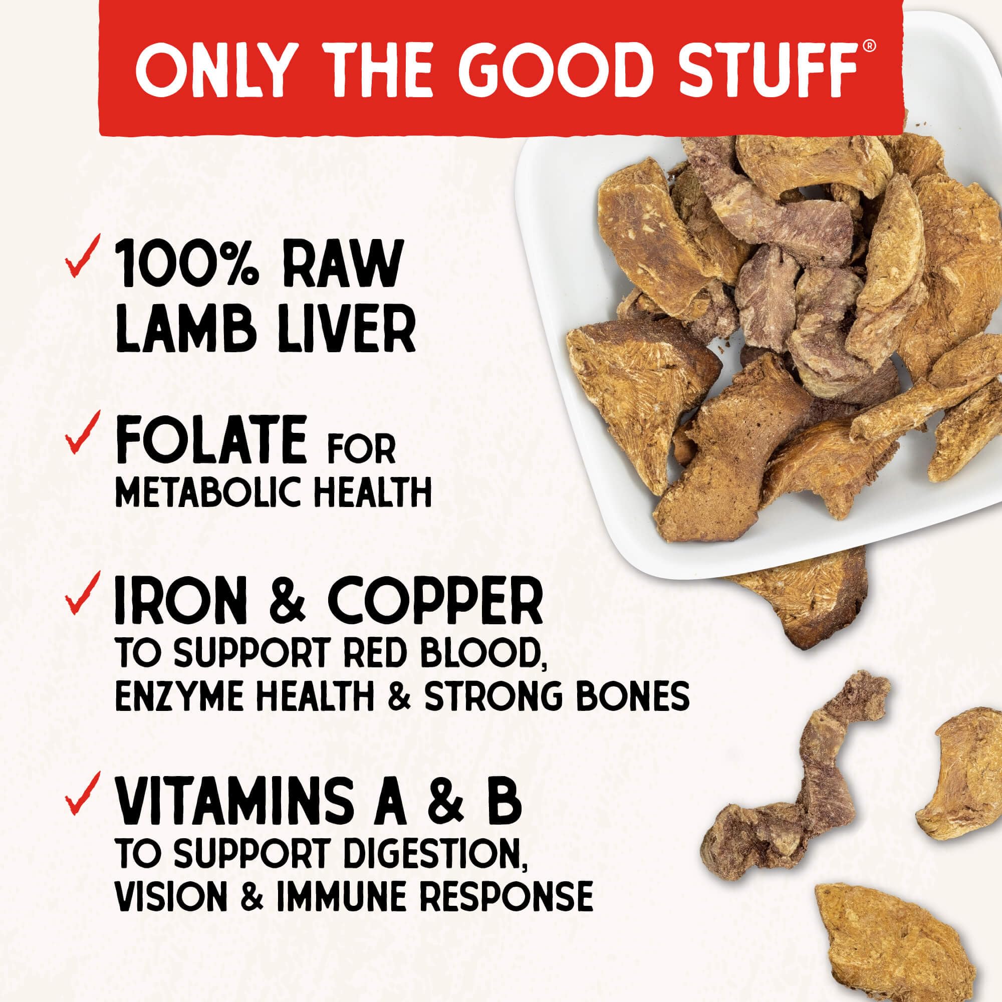 Label highlights the single-ingredient lamb liver formula.