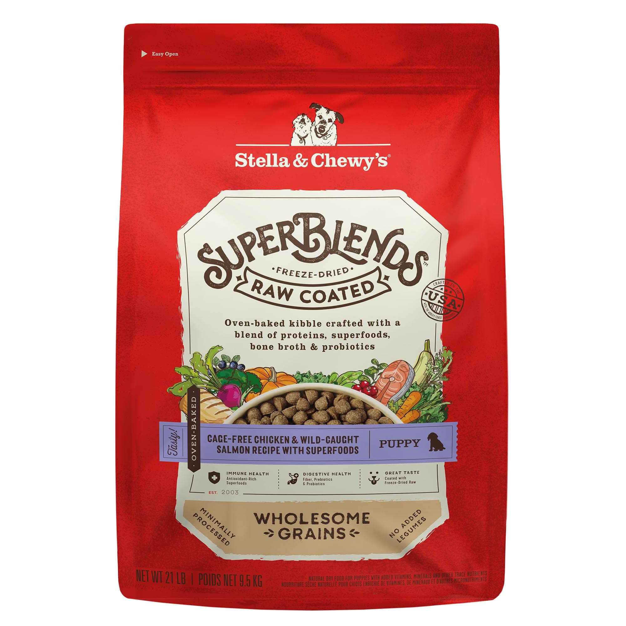 Stella & Chewy's SuperBlends puppy bag front showing premium formula for balanced nutrition.
