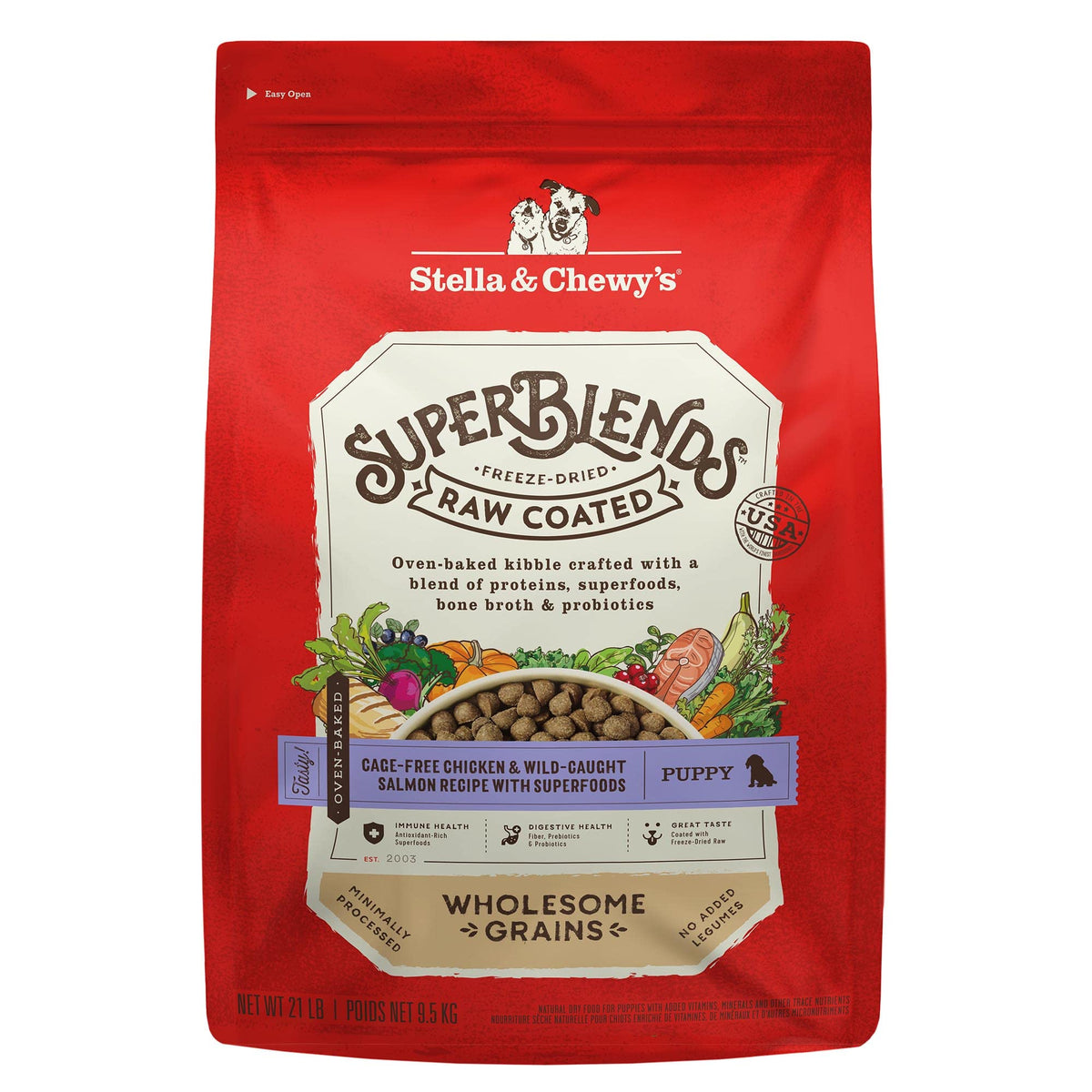 Stella & Chewy's SuperBlends puppy bag front showing premium formula for balanced nutrition.