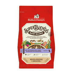 Stella & Chewy's SuperBlends puppy kibble in a bowl, cage-free chicken and salmon flavor for daily nutrition.