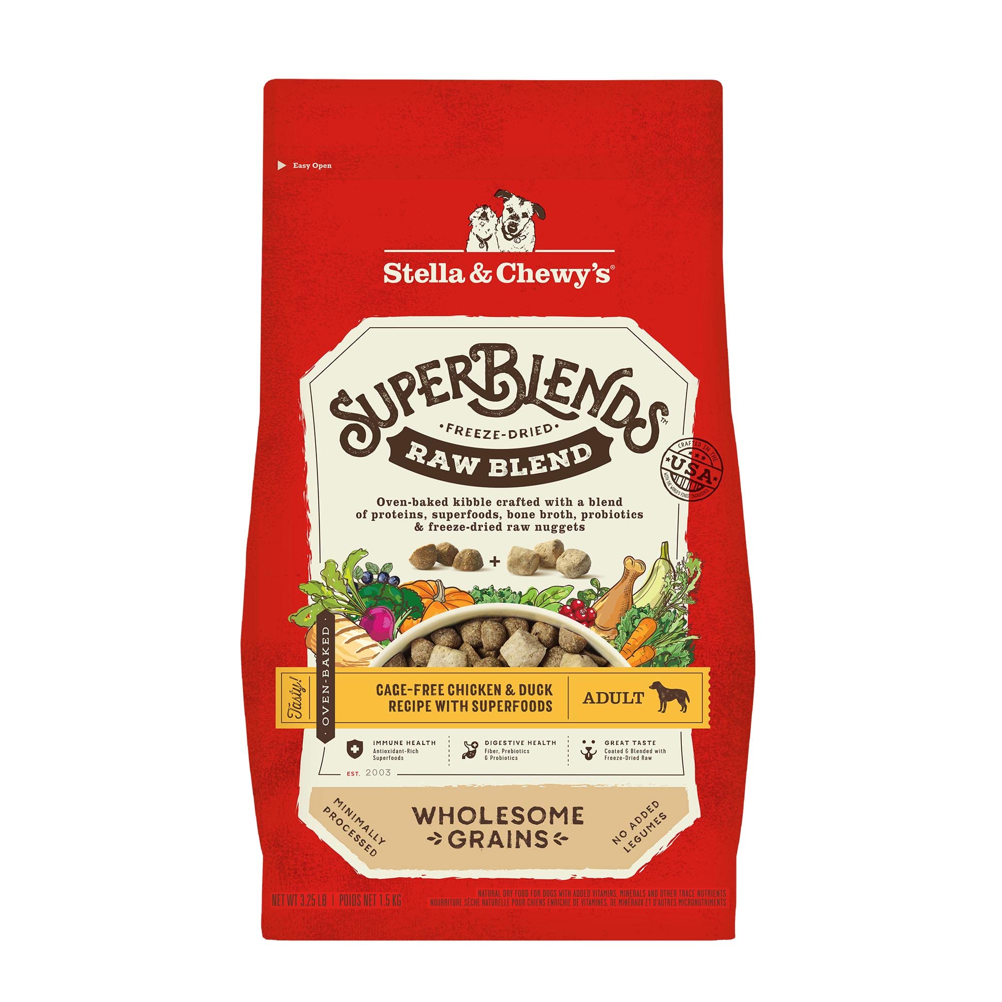Stella & Chewy's SuperBlends bag front featuring cage-free chicken and duck for a complete meal.