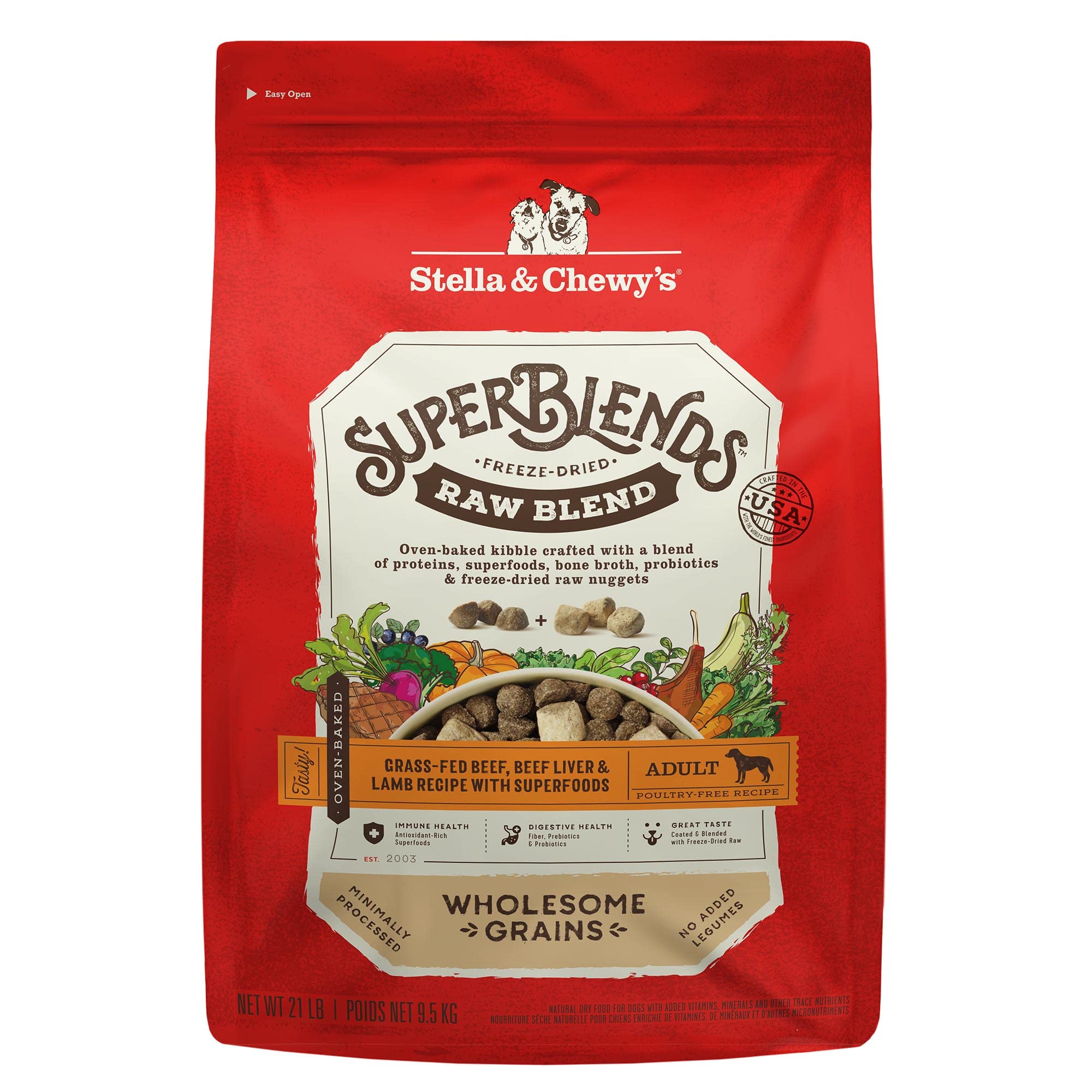 Stella & Chewy's SuperBlends bag front featuring grass-fed beef blend for dogs.