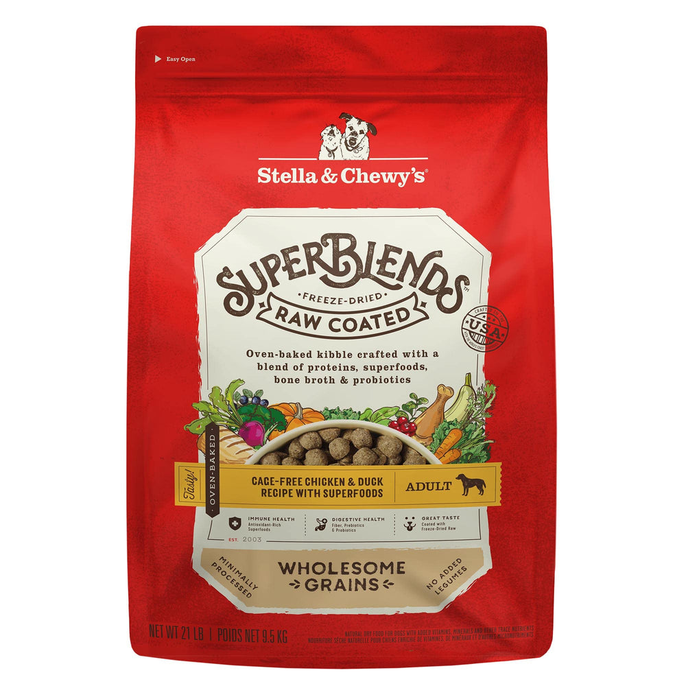 Stella & Chewy's SuperBlends bag front shows raw-coated chicken and duck for daily energy