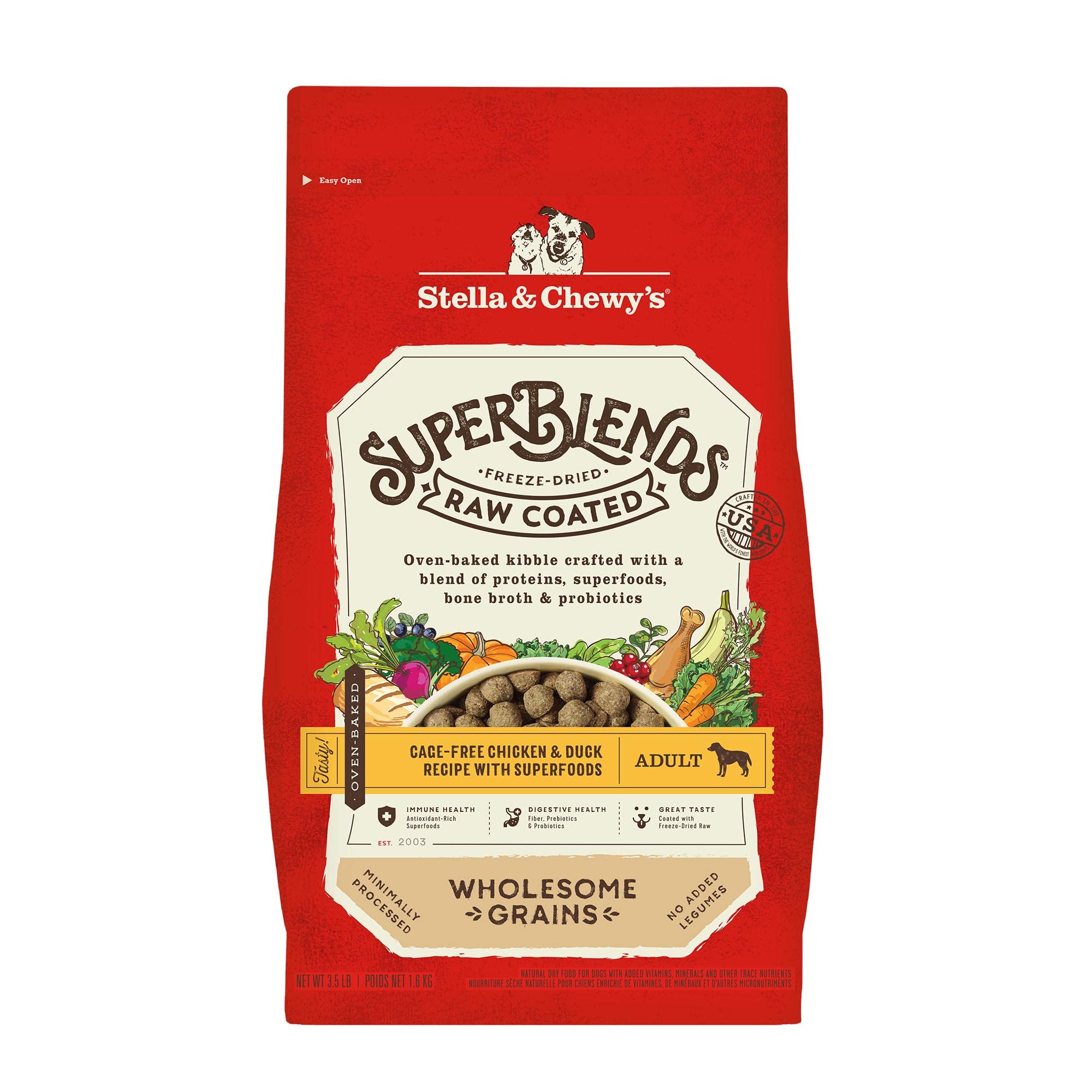 Stella & Chewy's SuperBlends raw-coated chicken and duck kibble in bag for flavorful nutrition.