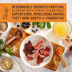 Raw-coated pieces in bowl from Stella & Chewy's SuperBlends add protein.
