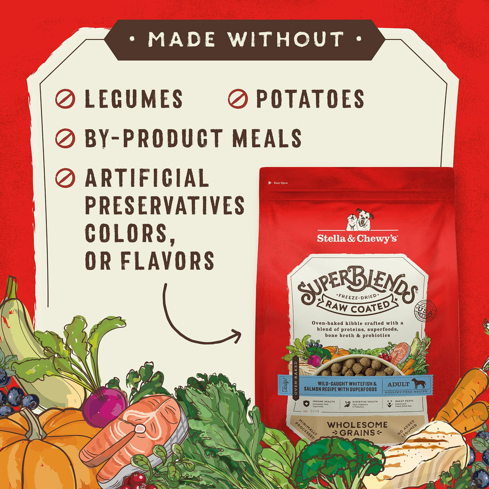 Stella & Chewy's SuperBlends superfood mix close-up with vibrant ingredients.