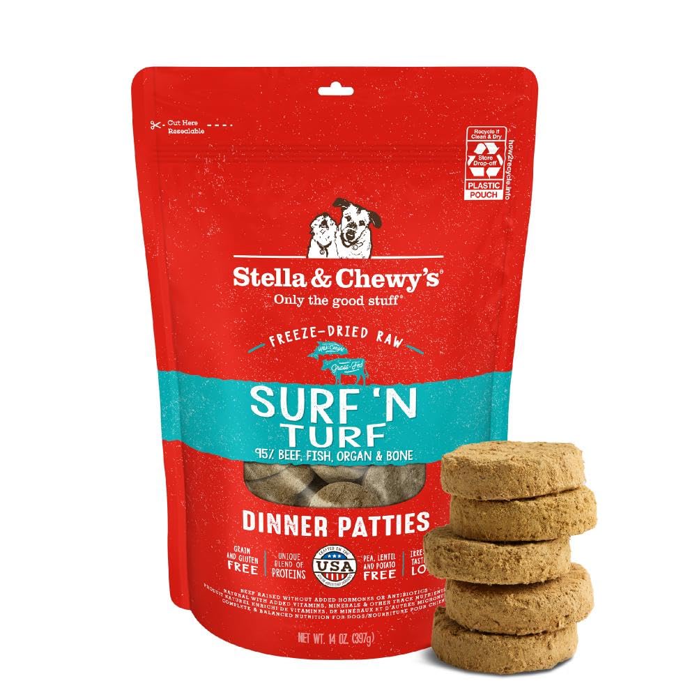 Stella & Chewy's Surf-N-Turf salmon-beef patties closeup highlighting premium protein for dogs.