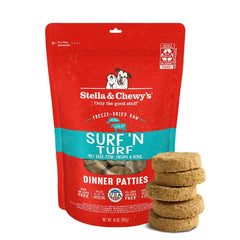 Stella & Chewy's Surf-N-Turf salmon-beef patties closeup highlighting premium protein for dogs.