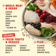 Whole Prey ingredients showcase muscle meat, organs, and cartilage.