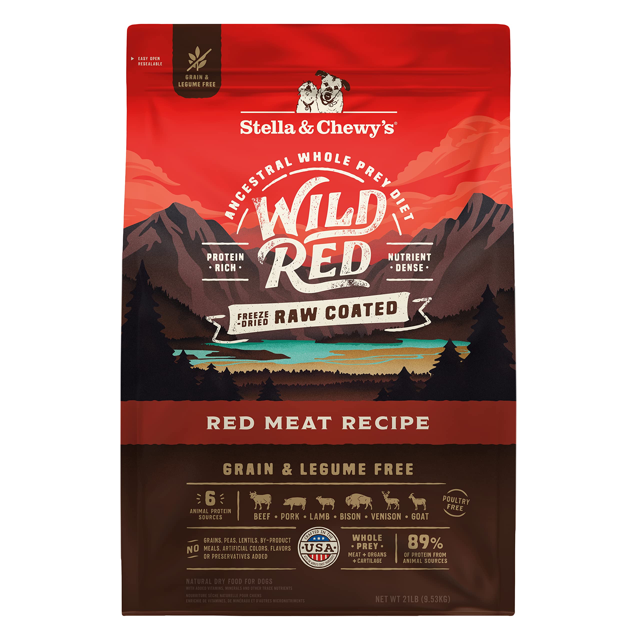 Stella & Chewy's Wild Red dry dog food bag showing grain-free, high-protein formula.