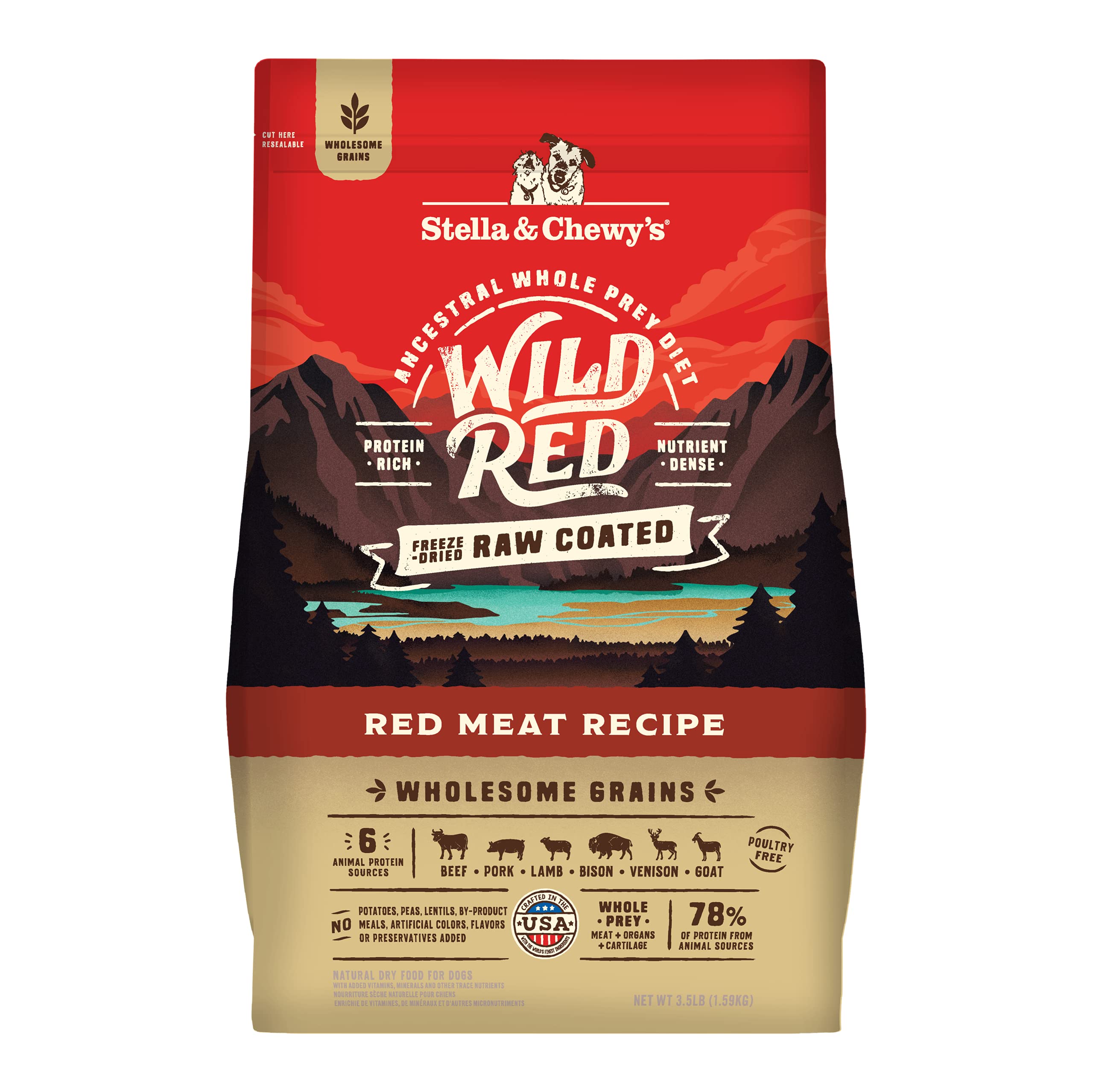 Stella & Chewy's Wild Red bag shows protein-rich kibble for a wild-inspired meal.