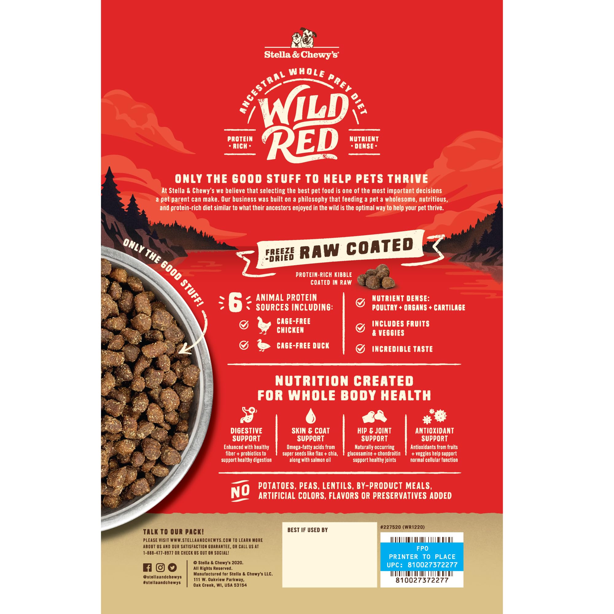 Stella & Chewy's Wild Red in a bowl emphasizes grain-inclusive nutrition for all life stages.