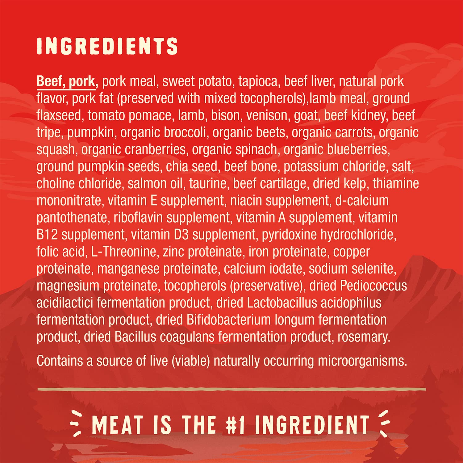 Stella & Chewy's Wild Red ingredients highlight beef, pork, lamb, bison, venison, and goat