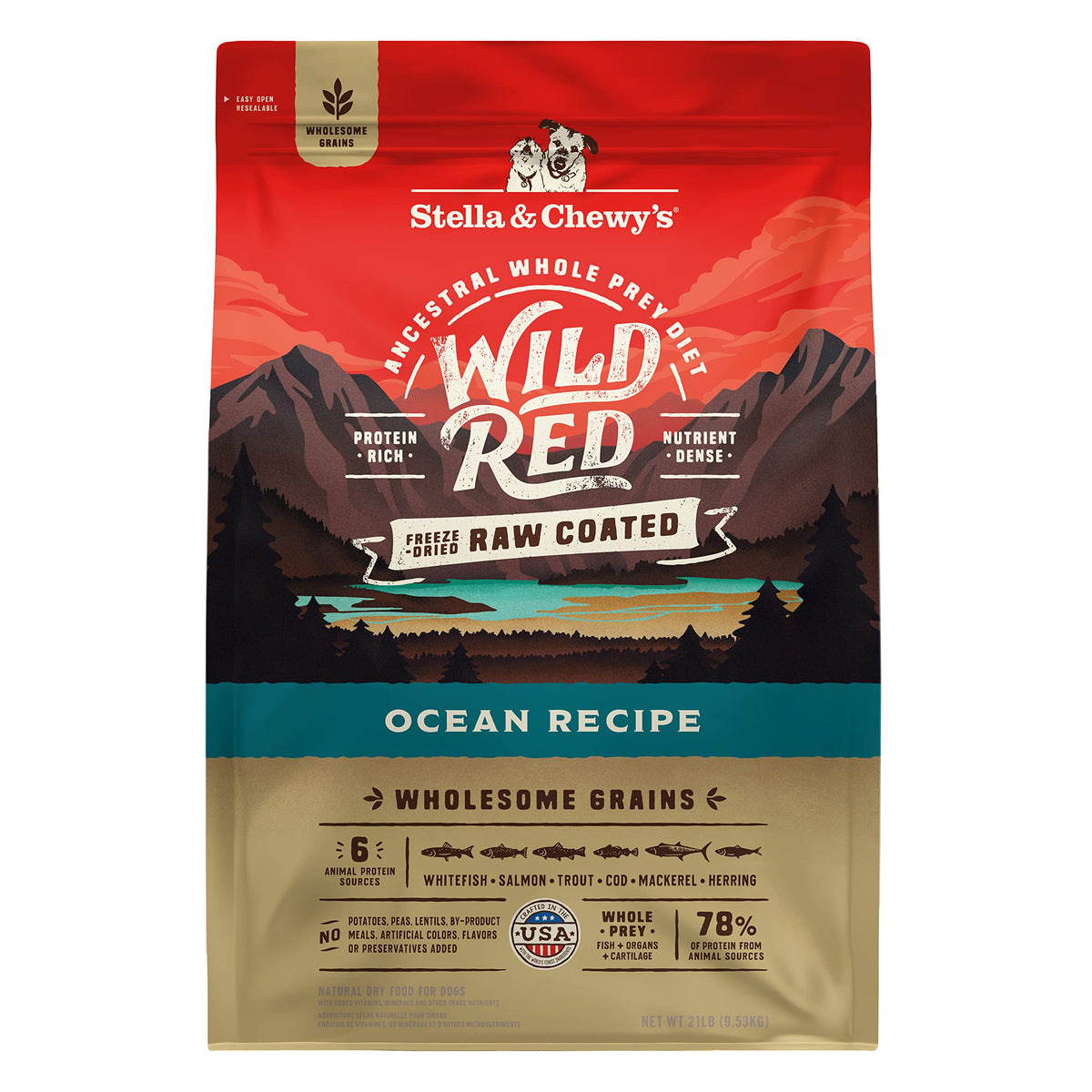 Stella & Chewy's Wild Red Ocean Recipe bag front shows protein-rich dry dog food