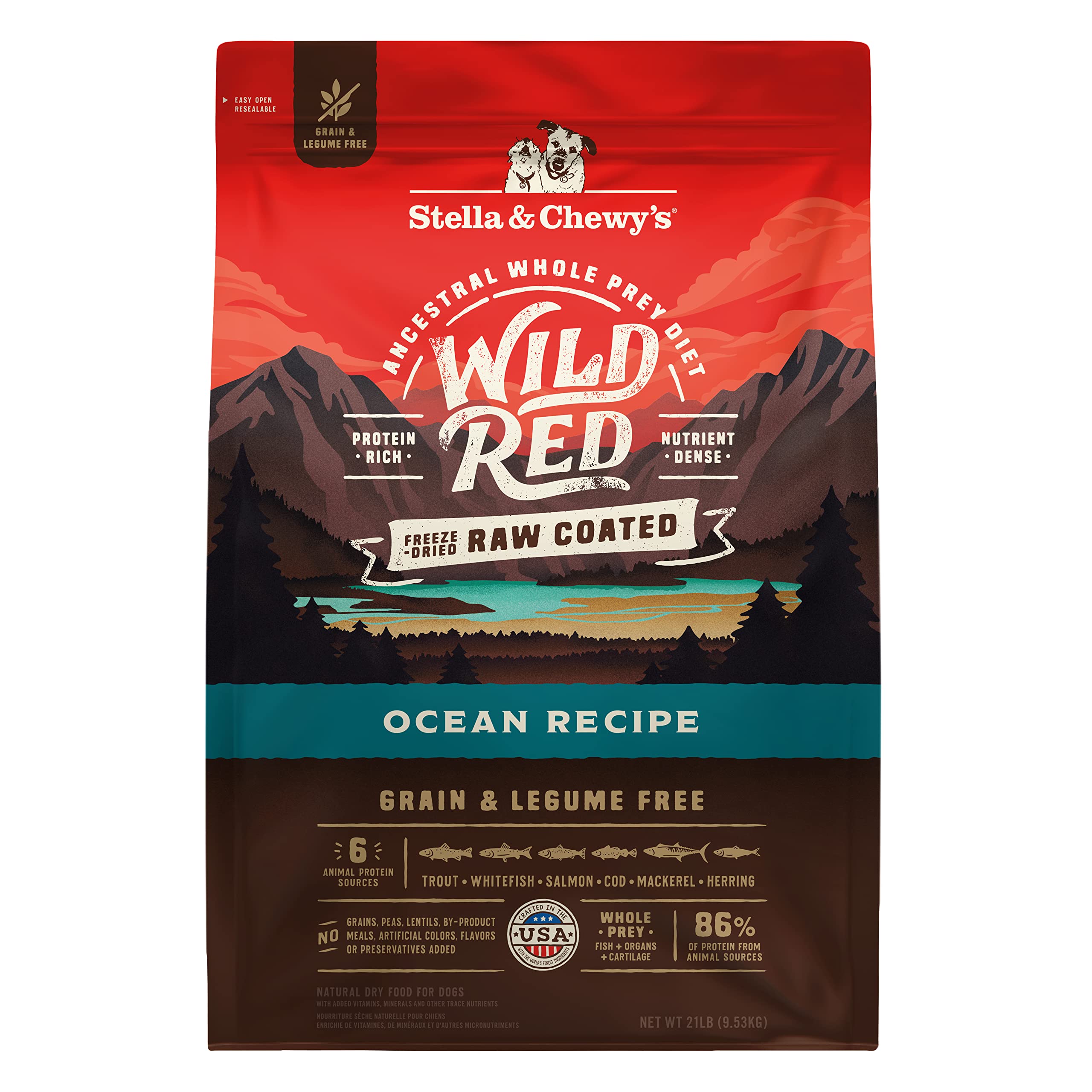 Stella & Chewy's Wild Red Ocean Recipe bag front, grain-free high-protein dog food.