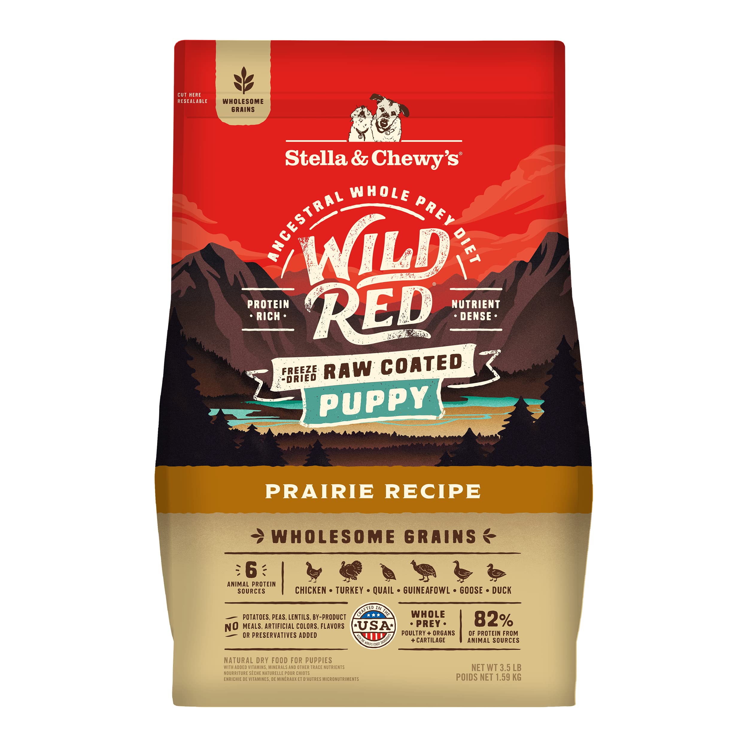 Stella & Chewy's Wild Red raw-coated kibble in a bowl for active puppies