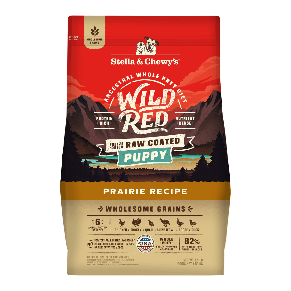 Stella & Chewy's Wild Red raw-coated kibble in a bowl for active puppies