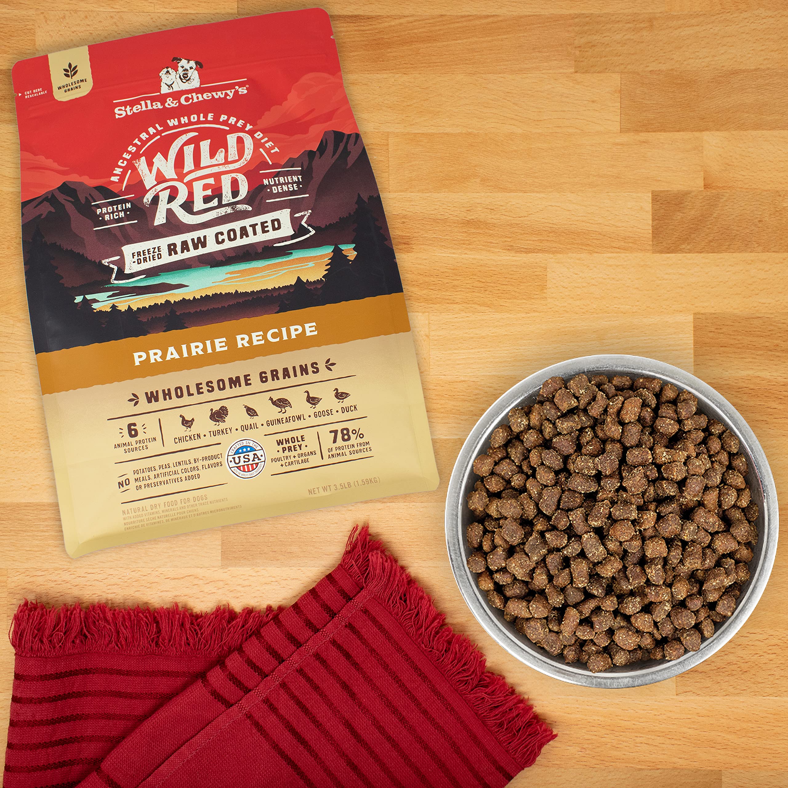 Stella & Chewy's Prairie Recipe image highlights six protein sources for variety.