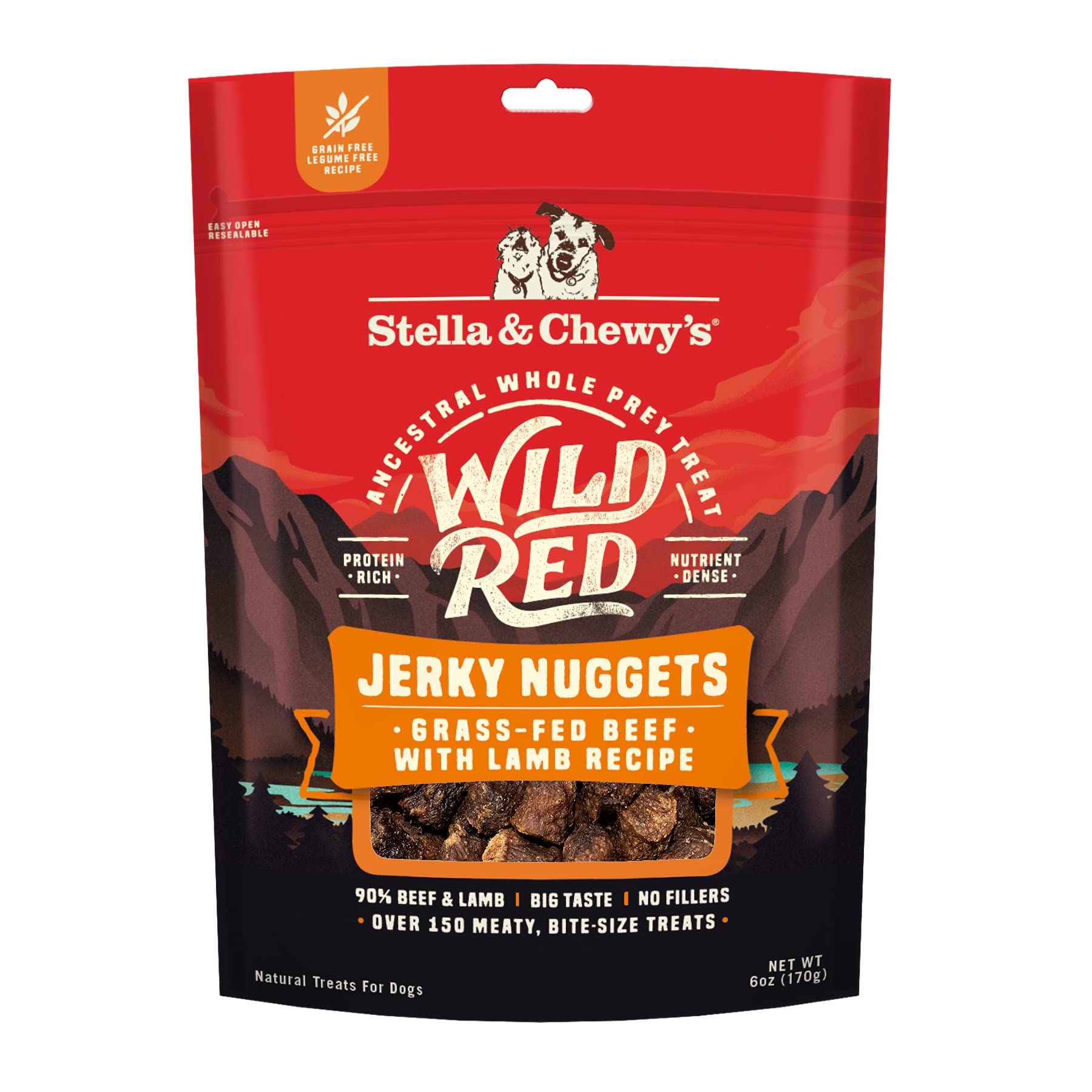 Stella & Chewy's Wild Red Jerky Nuggets bag front displaying protein-rich beef and lamb.