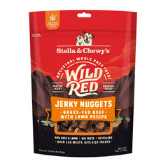 Stella & Chewy's Wild Red Jerky Nuggets bag front displaying protein-rich beef and lamb.