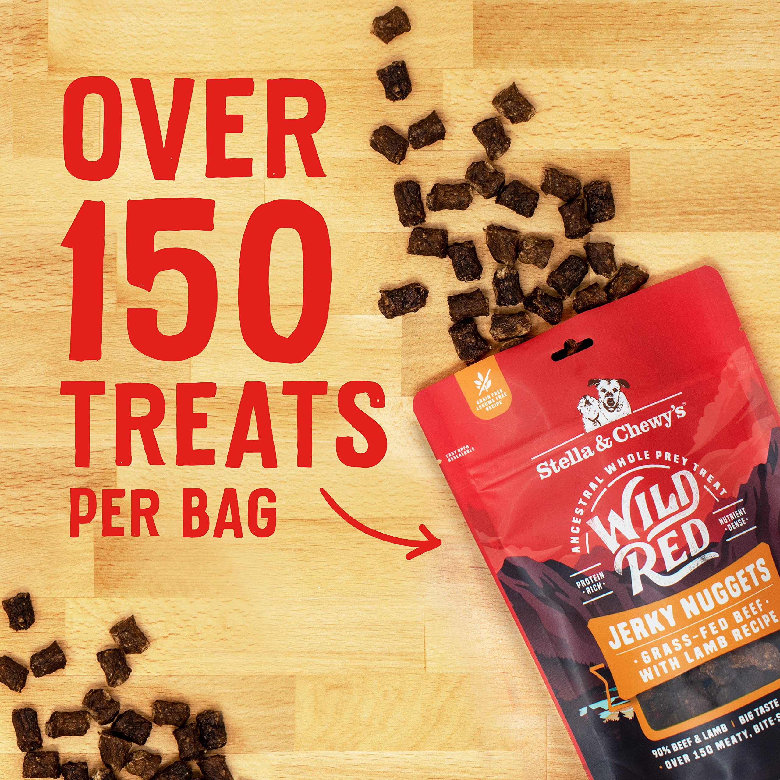 USA-made, small-batch Stella & Chewy's Wild Red Jerky Nuggets label.