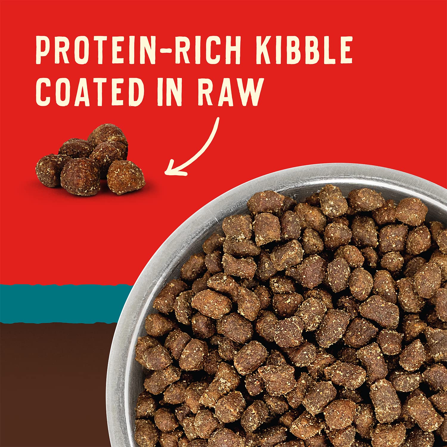 Close-up of Stella & Chewy's Wild Red Ocean Recipe kibble reveals textured bites rich in protein.