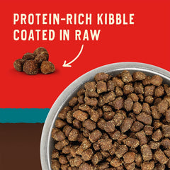Close-up of Stella & Chewy's Wild Red Ocean Recipe kibble reveals textured bites rich in protein.