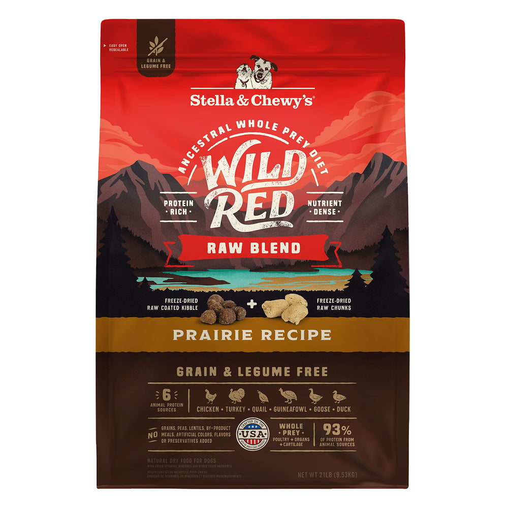 Stella & Chewy's Wild Red kibble bag front highlighting premium ingredients and protein rich formula