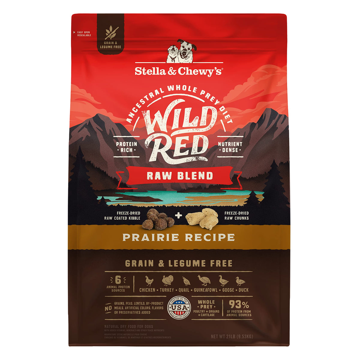 Stella & Chewy's Wild Red kibble bag front highlighting premium ingredients and protein rich formula