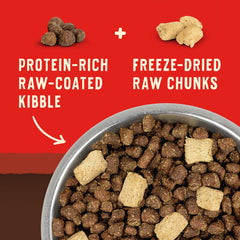 Stella & Chewy's Wild Red Raw Blend kibble close-up shows freeze-dried raw coating.