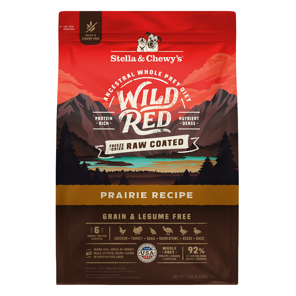 Stella & Chewy's Wild Red raw-coated kibble in a bowl, protein-rich.
