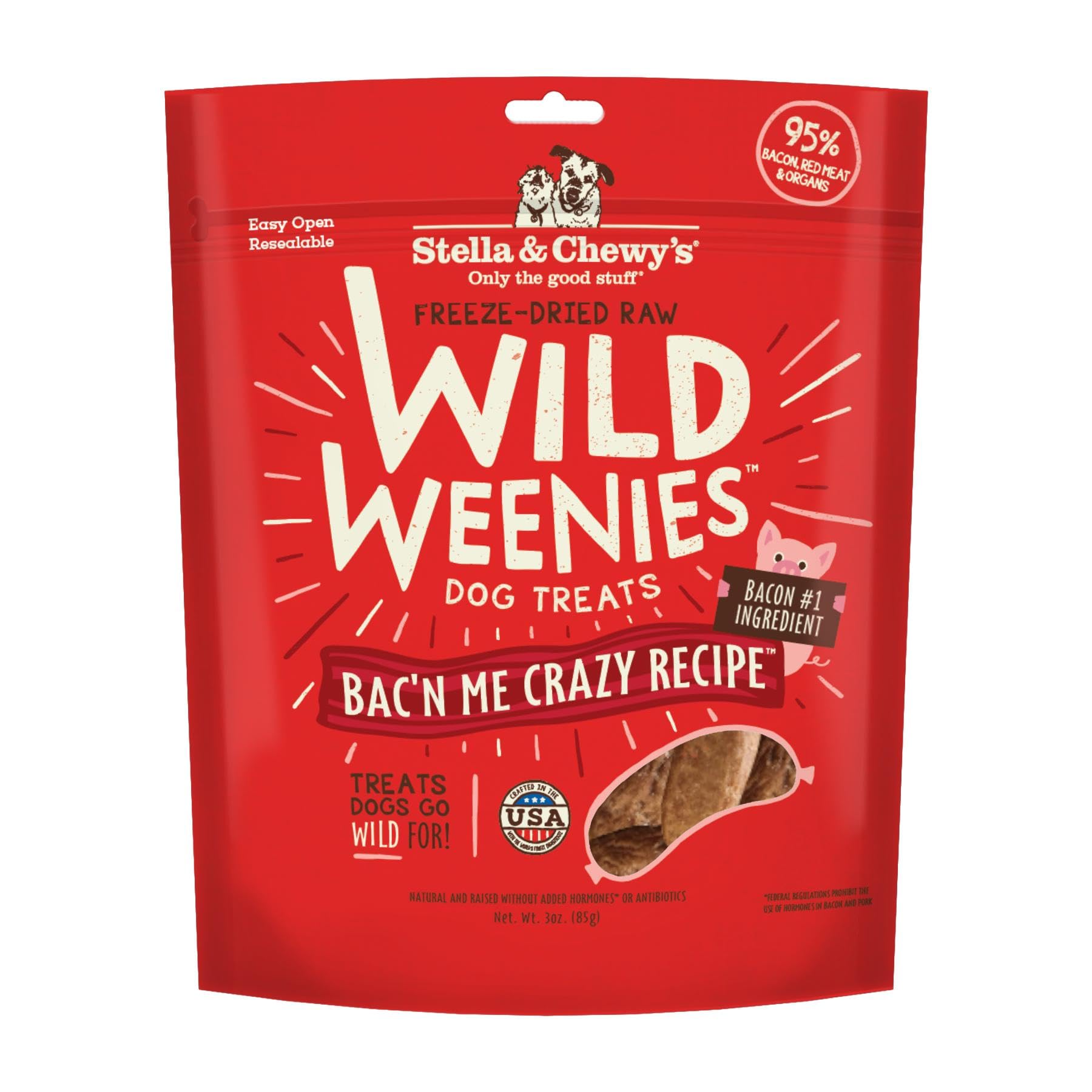 Stella & Chewy's Wild Weenies bacon treat pouch, ideal training reward with high protein.