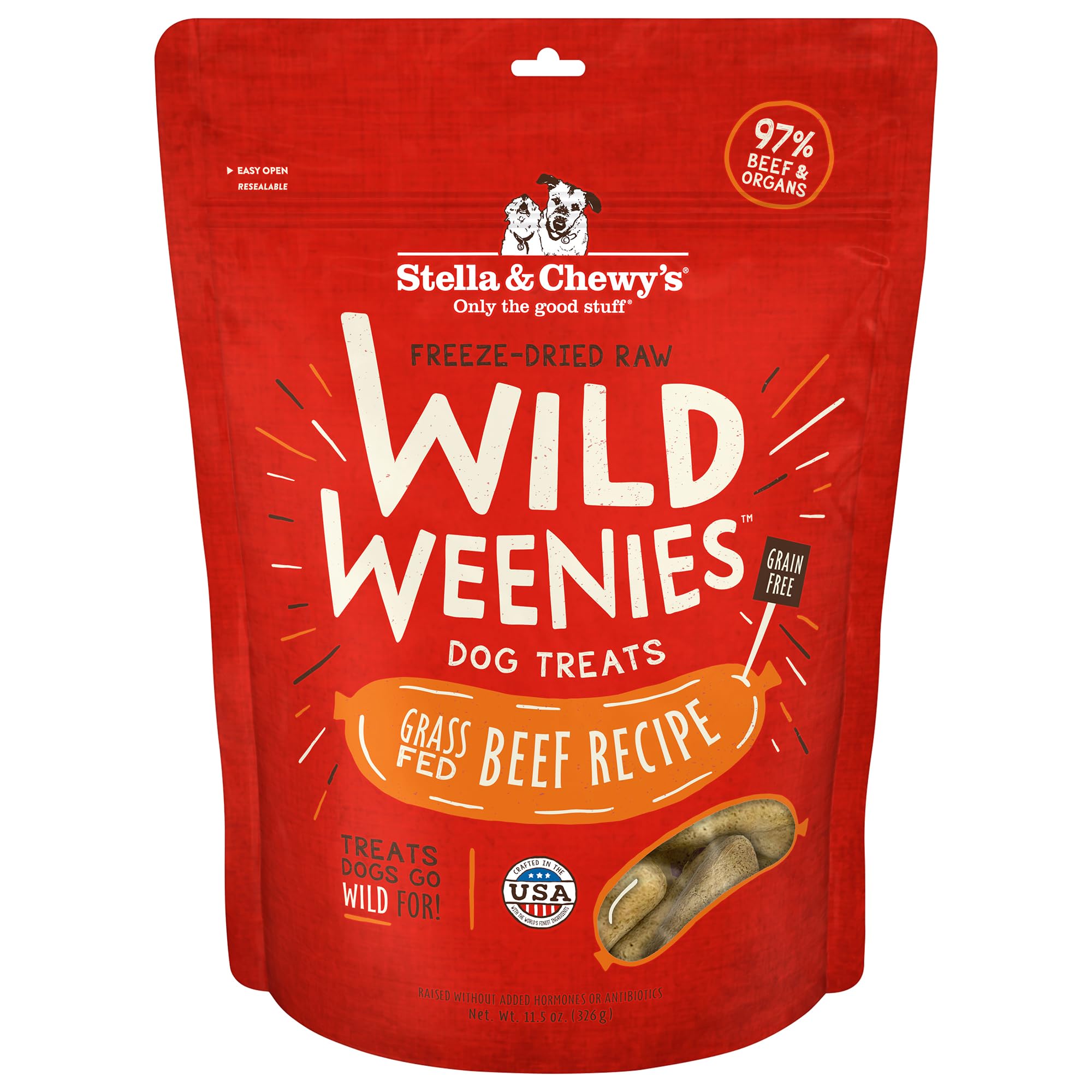 Stella & Chewy's Wild Weenies bag front, high-protein dog treat for training.
