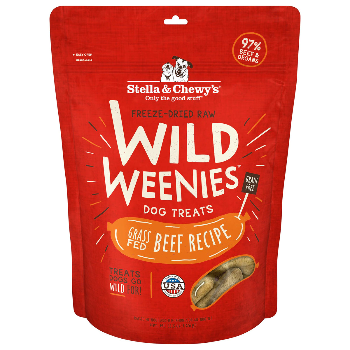Stella & Chewy's Wild Weenies bag front, high-protein dog treat for training.